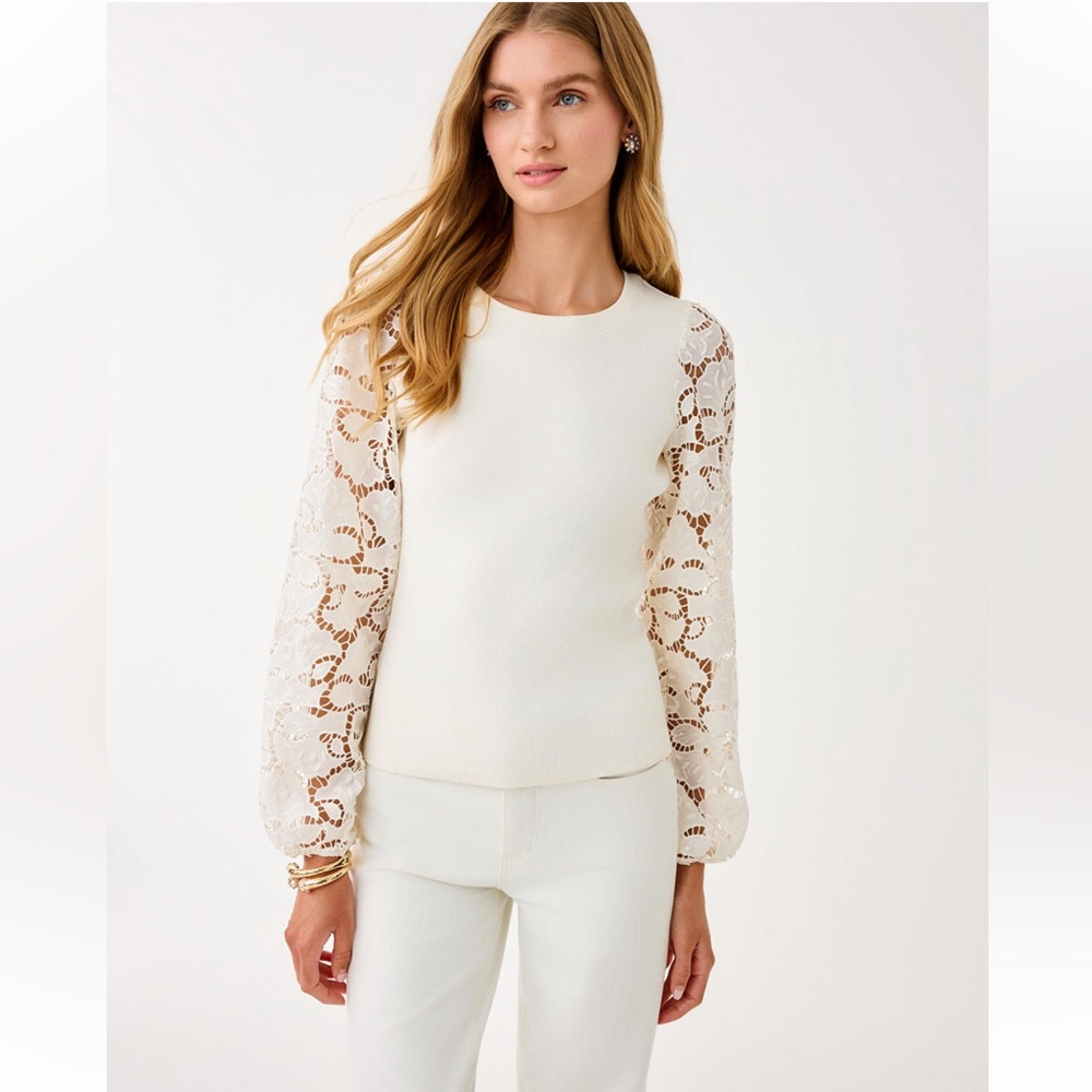 New Lilly Elegant White Women’s Top with Lace Sleeves!